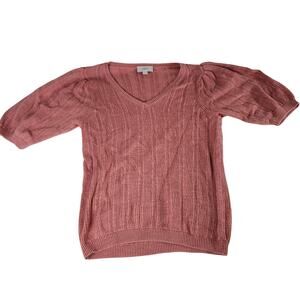LOFT Outlet Dusty Pink Ribbed Knit V-Neck Puff Sleeve Sweater Sz Small Peasant
